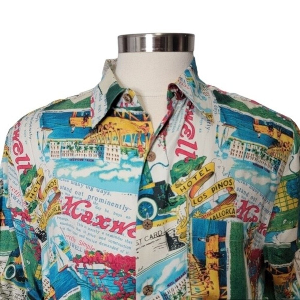 Caribbean Pineapple Camp Hawaiian Shirt Size L travel theme Spain silk casual *